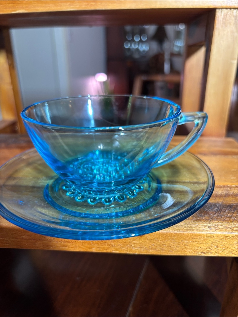 vtg MCM Hazel Atlas Capri blue hobnail glass teacup and saucer set.